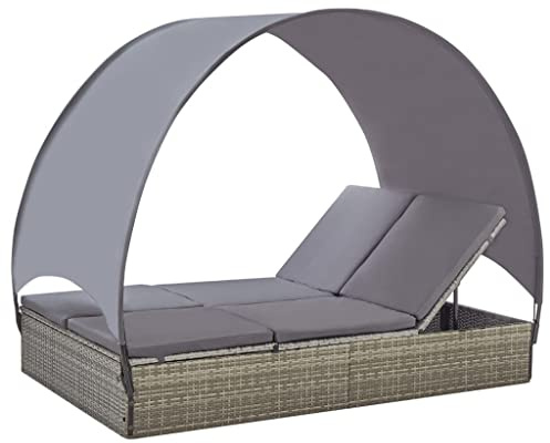 Owoxanthellate Double Sun Lounger with Canopy Grey 76.4x47.4x61.4 PE Rattan Outdoor Chaise for Patio, Garden and Poolside Relaxation