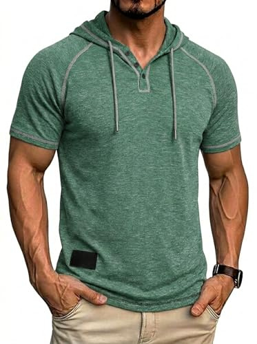 Aulemen Henley T-shirt à manches courtes à capuche pour homme et boutonnière T-shirt de sport pour homme pour fitness et loisirs Taille M à 3XL, vert, XXL