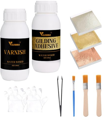 VGSEBA Gilding Adhesive Set for Arts, Craft, Furniture Decoration | 110ml Water Based Glue & Varnish, 150 Pcs Gold Leaf Silver Foil Rose Gold Leaf Sheets with 3 Brushes, 2 Gloves, 1 Tweezers