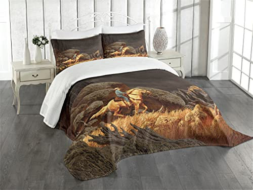 ABAKUHAUS Western Tagesdecke Set, Cowboy-Reitpferd, Set mit Kissenbezügen Ohne verblassen, für Doppelbetten 220 x 220 cm, Braun Gelb Grau