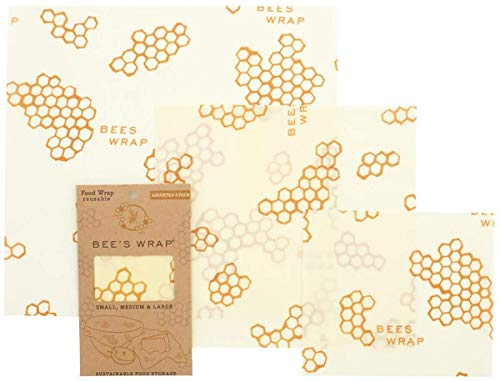 Bee's Wrap Assorted 3 Pack, Eco Friendly Reusable Beeswax Food Wraps, Sustainable, Zero Waste, Plastic Free Alternative for Food Storage - 1 Small, 1 Medium, 1 Large