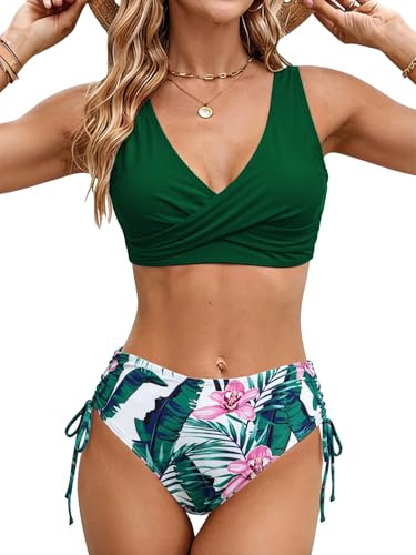 Dambikini 2 stycken dambaddräkt tvådelad Tether halterneck bikini smal passform baddräkt med remmar, Grön, M
