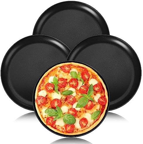Onader Pizzaplåt set om 4, 26 cm rund pizzaform för bakning och servering, pizzabakplåt i rostfritt stål med non-stick-beläggning, giftfri och hälsosam, hållbar och lätt att rengöra