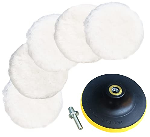 Sisha-A Wool Polishing Pads Set, Wool Pads with Backing Pad and Adapter, Sheepskin Wool Buffing Pads for Car Finishing, Wood Furniture, Glass and So On (7 pieces set), 5 inch
