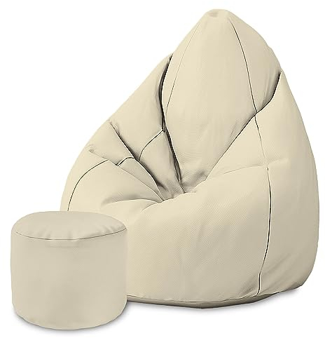 DreamRoots Sitzsack für Kinder und Erwachsene - Sitzsack mit Füllung, Lehne, Hocker und Bezug - Oxford Stoff 220 gr/m2 Wasserdicht - Sitzkissen Boden - Chill Sack M, Cremeweiß