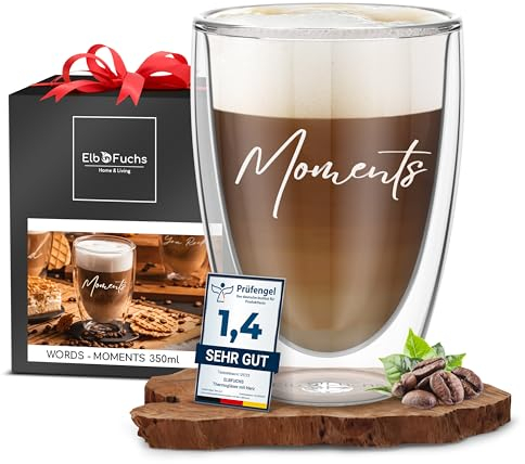 ElbFuchs® Doppelwandiges Latte Macchiato Glas | MOMENTS | 1x 350ml [GESCHENK FÜR DIE LIEBSTEN] Ideal als Hochzeitsgeschenk für Brautpaar oder Geschenk zum Valentinstag | Glas mit Gravur