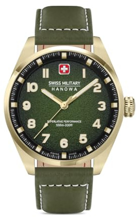 Swiss Military Hanowa SMWGA0001550 - Reloj analógico de Cuarzo Suizo para Hombre con Correa de Piel, Verde Oliva, Talla única, Correa
