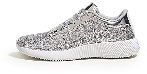 LUCKY STEP Damen Glitzer Turnschuhe Strass Sneaker Leichte Metallische Pailletten-Tennisschuhe (Silber, 11US-42EU-9UK)