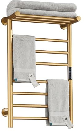 XMGJ Electric Towel Warmer Gold with Timer, 7 Bar Wall Mounted Heated Towel Rack for Bathroom, 304 Stainless Steel Heater Towel Rail with Top Shelf, Energy Efficient 70 W, 720*450*250Mm, Hardwiring