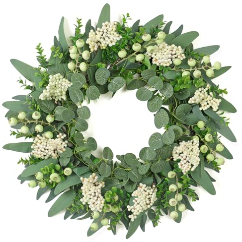 Weldomcor Grande couronne d'eucalyptus artificielle de 50 cm - Vert - Avec baies - Pour le printemps et l'été - Pour porte d'entrée, mur, fenêtre, festival, véranda, ferme, terrasse, jardin