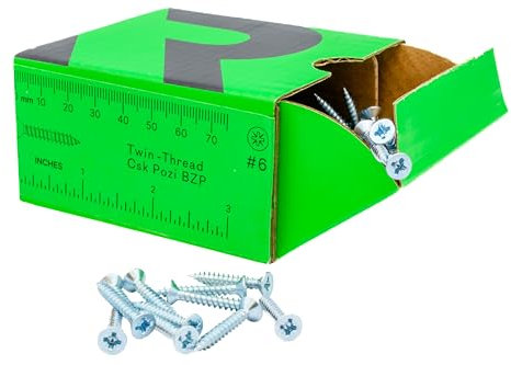 RIKA TWSR008 6 x 1in Twin-Thread CSK BZP Woodscrew 200pk Pozi Drive Versatile Timber Wood Screws For Use With Chipboard MDF Softwood Hardwood Masonry With Plug