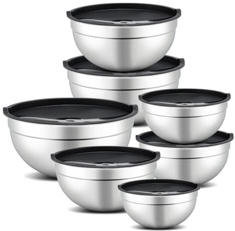 hunnycook Rührschüssel 7-teiliges Set, Edelstahl Salatschüssel mit Deckel, Stapelbares Rührschüssel Set, Mixing Bowls, Spülmaschinenfest, 5L, 4.5L, 4L, 2.4L, 1.7L, 1.25L, 0.8L