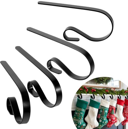 Molain 4 Stück Weihnachtsstrumpfhalter Kaminsims, Metall Weihnachtsstrumpf Haken Kaminhaken für Weihnachten Kaminsocken Weihnachtsdeko (Schwarz)
