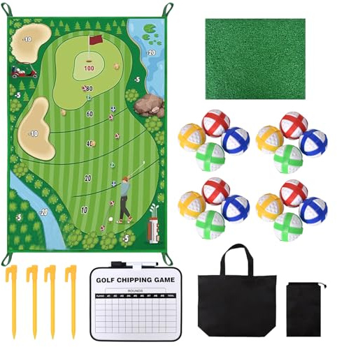 Set de Juego de Golf para Interior y Exterior - Juego de Golf con Alfombra de Golpeo, 16 Pelotas Adhesivas, Estacas y Tablero de Puntuación para el Hogar, Jardín, Oficina o Regalo para Golfistas