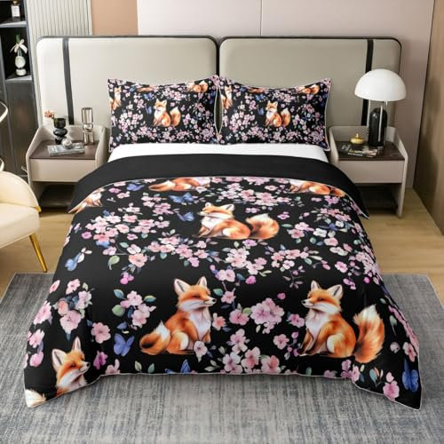 100% Baumwolle Kirschblüte Japanische Art Bettwäsche Set 220x240,Niedlicher Fuchs Bettbezug Reversibel,Rosa Blume Floral Bettdeckenbezug,Wildlife Safari Tier Druck Trösterbezug Weich Komfort