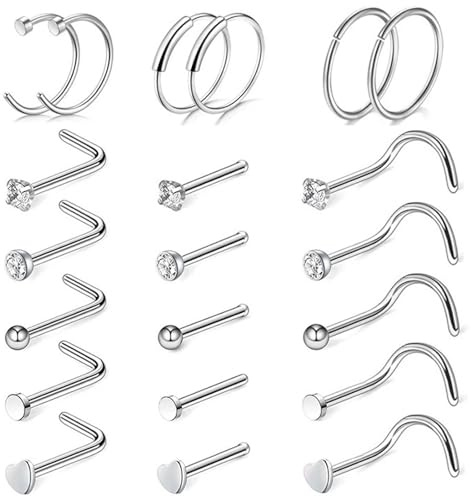 GWAWG Lot de 20 Piercing Nez, Piercing Nez Acier Chirurgical pour Femmes Bijoux Nasaux Hoops Forme L piercing Nasal Anneaux Piercing Nez Acier Inoxydable Chirurgical pour Femmes et Hommes