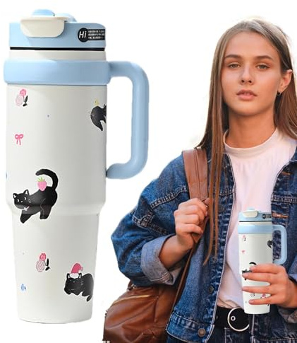 Vattenkopp med handtag, mugg med handtag och sugrör, kopphållarflaska för varm och kall dryck, 1 000 ml vattenkopp med sugrör, iskaffe