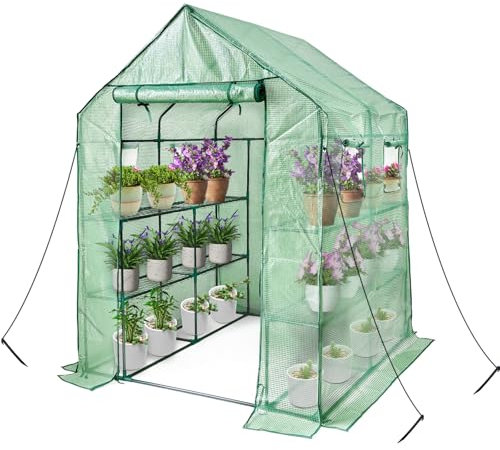 Grandhom Walk In Greenhouse With Shelves,Plastic Growhouse Frame for Garden,12 Tiers Green House With Reinforced PE Cover and 4 Windows,143 x 143 x 195cm,for Indoor Outdoor Seeding and Plant Growing