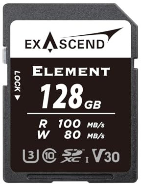 Exascend Elemento 128 GB SDXC UHS-I V30 tarjeta de memoria 4K UHD hasta 170 MB/s, UHS-I, clase 10, U3, V30 cámara SD tarjeta (UHS-I V30 100MB/s, 128 GB)