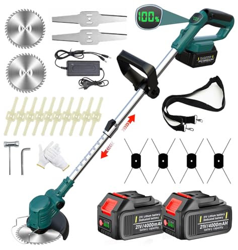 Rasentrimmer mit Akku 4 In 1 Akku Rasentrimmer mit 4 Klingentypen Akku Freischneider mit 2X4.0Ah Akku, Teleskopierbar, 90° Drehung, für Rasen- und Buschtrimmen, Blau mit Akku