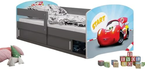 All4All Letto per bambini Leo - 160x80cm Junior - Cameretta - con contenitore - Cars - Hello Kids - Letto in legno - Rete a doghe - Rete a doghe - 20 (Cars con telaio grafite, con materasso)