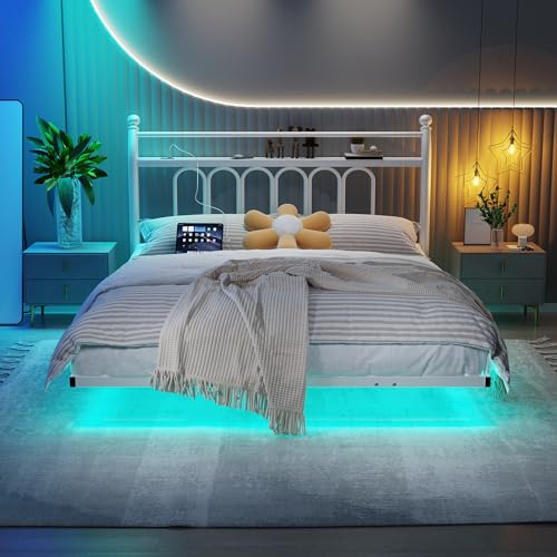 JELUTE King Floating Bed Frame 150 x 200 cm, Platform Bed with LED Lights and Charging Station, Supports up to 500 kg, No Box Spring Needed, Noise Free, White