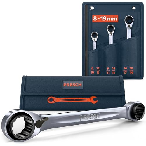PRESCH Set di chiavi ad anello a cricchetto doppio 3 pz con custodia 8-19mm – Funzione cricchetto reversibile – Chiavi estremamente robusto con 90 denti e angolo di ritorno di 4°