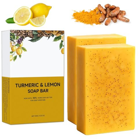 Citroner och gurkmeja tvålstycke mot mörka fläckar, 30 % större, hudblekande tvål med kojisyra, C-vitamin, retinol och sheasmör, ren, säker, för ansikte, kropp, armhålor (2)