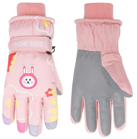 Jupsk Kids Winter Ski Gloves Waterproof Snowboard Mittens Anti Slip Plush Lined Thermal Bunny Gloves for Children Girls Boys Age 4-8 （Pink）