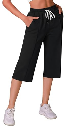 Crewhpo Pantaloni 3/4 Donna Estivi Pantaloni Capri Elegante Pinocchietti Casual Larghi con Tasche Pantaloni Sportivi Vita Alta per Yoga Palestra Jogging Fitness Sport Nero XXL