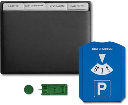 easymoves Kit Portadocumenti Auto e Moto con Scomparti + Disco Orario Multifunzione – Organizer Documenti con Raschietto Ghiaccio, Gettone Carrello e Misuratore Battistrada | Accessori Auto (Nero)