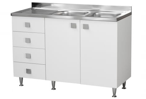 Relax e Design Mobile da Cucina con Lavello in Acciaio Inox 2 Vasche, 2 Ante e 4 Cassetti Bianchi Effetto Legno, Gocciolatoio, 120x50x88 cm (VASCHE A DESTRA)