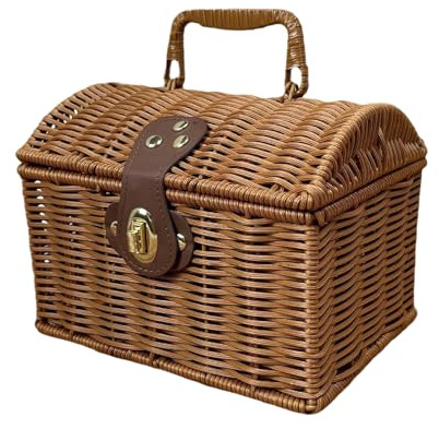 Picnic Basket with Lid - with Handle Lid Storage Container - Imitation Wicker Picnic Basket - for Bedroom Kitchen Farmhouse Apartment Outdoor Fishing Travel Wedding Holiday