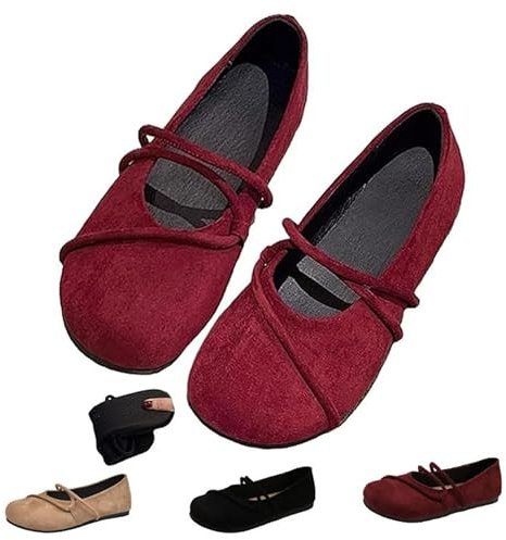 Zapatos de ballet ortopédicos de ante Mary Jane para mujer, cómodos zapatos de bailarina de ajuste ancho con correa, zapatos de baile suaves con puntera redonda, mocasines para mujer, Red, 40 EU