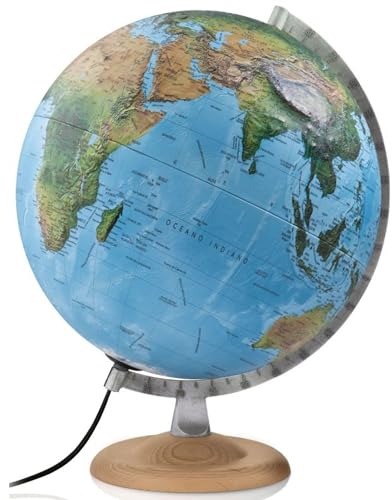 R4 silver: R4 silver - Globus mit 3-D-Oberfläche: 3-D-Doppelbild-Leuchtglobus 30 cm, silberfarb. Metallmeridian, Fuß Buche natur (Globus 3D-Oberfläche)