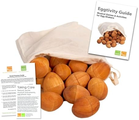 Bag of 30 Natural Sustainable Mahogany Egg Shakers - each 7cm Long. Includes Teaching Support