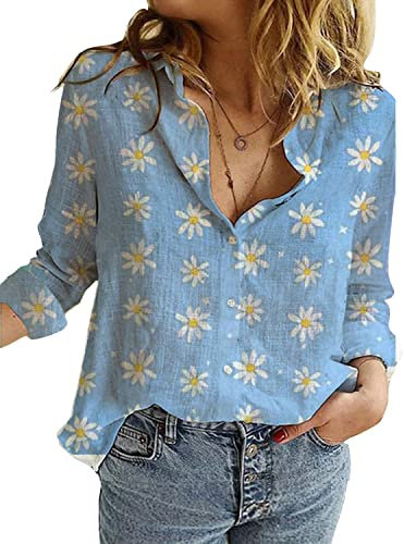 Livonmone Women's Blouse Casual Long Sleeve Shirts V Neck Button Down Basic Loose Tunic Tops (Blue-2, L)