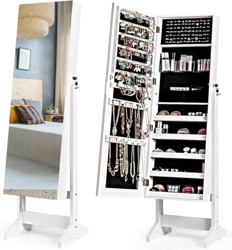 RELAX4LIFE Espejo Joyero de Pie con Espejo Cuerpo Entero Sin Marco y Ángulo Ajustable, Armario Joyero con Cerradura y Llaves para Anillos/Collares/Pendientes/Cosmético, Armario para Joyas (Blanco)