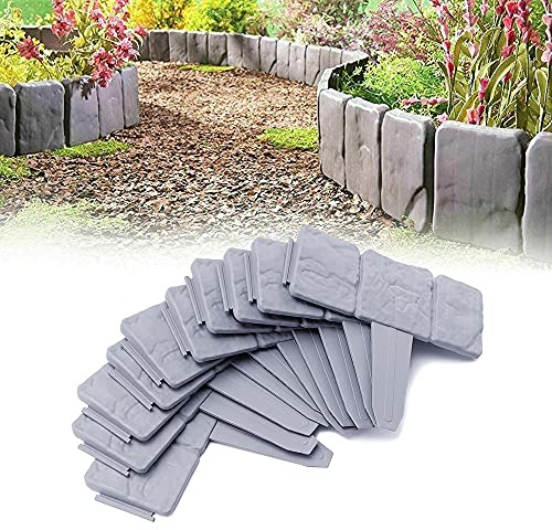 UISEBRT 70 Pezzi Bordo per Giardini Grigio 17.5m, Bordo per Prato in plastica, Effetto Pietra, Palizzata per Giardino Bordo Aiuole, Grigio