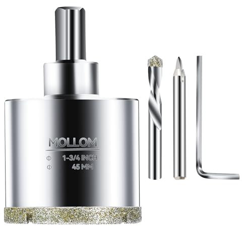MOLLOM (45mm | 1-3/4) Sierra de corona de diamante con 2 brocas piloto removibles, corte suave para azulejos de porcelana, vidrio, cerámica, mármol, fibra de vidrio, etc
