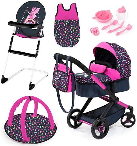 Bayer Design 17080AB Ensemble Poussette pour poupée XEO, poignée réglable, Transformable, Chaise Haute, Sac de Couchage, Tapis d'eveil, Accessoires en Plastique, Noir, Rose