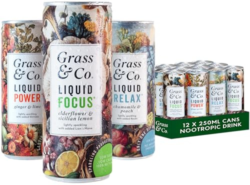 Grass & Co. | Nootropic Functional Mixed Drinks Case | 12 x 250ml | Liquid FOCUS, POWER & RELAX | Rich in Mushroom Extracts & Vitamins
