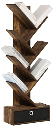 Furinno Tree Bookshelf 7-Tier Floor Standing Tree Bookcase with Bin Drawer, Amber Pine/Black