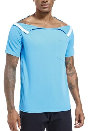 Landofgenie T-Shirts de Sport pour Homme et Femme T-Shirt de Sport Chemise après l'épaule T-Shirt Fonctionnel avec Boutons-Pression Côté Gauche et Droit à déchirer Manches Courtes, Bleu, L