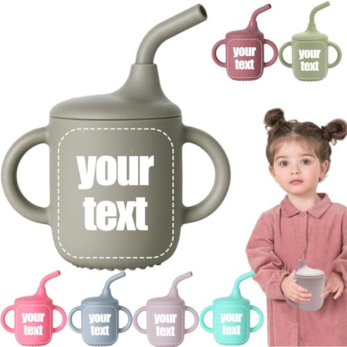 Personalised Spill Proof Cup, Customized Name Silicone Cups with Straw & Handles, Training Open Cup for Learning Independent Drinking