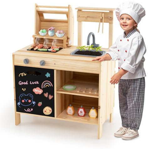 COSTWAY Cucina Giocattolo per Giardino Set di Griglia per Barbecue, Cucina per Bambini in Legno di Abete con Lavagna e Lavello, Set Cucina con 25 Accessori BBQ, 69 x 40 x 90 cm, per Bambini 3+ Anni