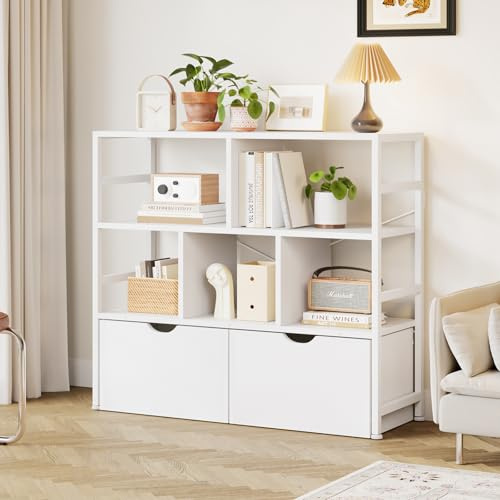 Dripex Bücherregal mit 2 Schubladen und 7 Fächern 33 x 100 x 90 cm, Weiß | Küchenregal aus Holz und Metallrahmen Standregal Würfelregal für Schlafzimmer Wohnzimmer Büro Küchen