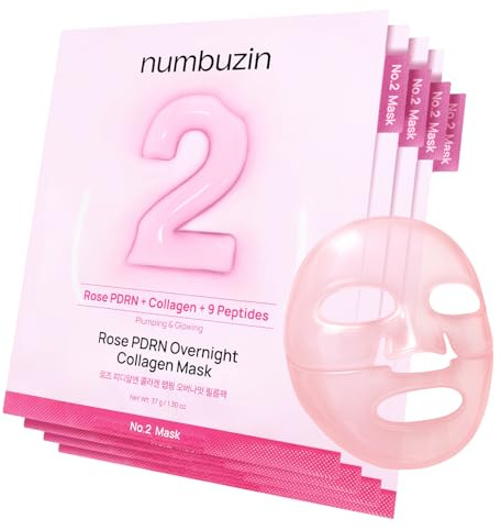 numbuzin No.2 Overnight Face Mask | Rose PDRN Overnight Collagen Mask | Korean Glass Skin Essential | Elasticity, Hydrating, Firming, Enlarged Pores | Collagen, Peptides, PDRN | 37g, 4 sheets