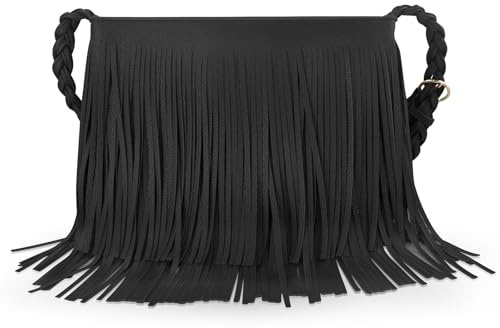 AdiStylinno Tassel Sac à bandoulière pour femme en cuir synthétique à franges Style bohème Grande capacité Avec bandoulière tissée réglable, Noir , 26 x 23 x 9,5 cm