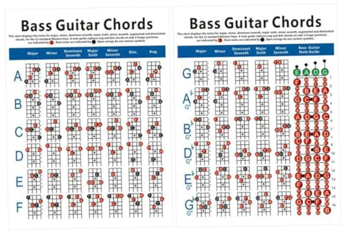 STOBAZA Electric Bass Guitar Chord Chart 4 Strings 72 Chords and Note Chart on Reverse for Practice and Learning Musical Instrument Exercises